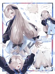 Rule 34 | 1girl, :3, absurdres, afterimage, arms up, black sleeves, blue dress, blue hair, blush, character name, closed eyes, commentary, dog, dress, english commentary, facing viewer, fang, grey eyes, grey hair, hair over one eye, highres, inset, isekai joucho, kamitsubaki studio, laurels, leaning to the side, long hair, long sleeves, looking at viewer, looking back, low-tied long hair, multicolored hair, multiple views, notice lines, one eye covered, outside border, pantyhose, puffy long sleeves, puffy sleeves, ria (rian 0210), shrug (clothing), smile, speech bubble, streaked hair, translation request, virtual youtuber, waving, white background, white pantyhose