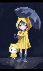 Rule 34 | 1girl, absurdres, artist name, blue hair, boots, brown eyes, cat, charle (fairy tail), eyes visible through hair, fairy tail, full body, gaston18, hair between eyes, highres, holding, holding umbrella, looking up, medium hair, puddle, rain, raincoat, solo, standing, umbrella, watermark, wendy marvell