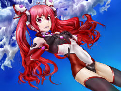Rule 34 | 1girl, cloud, covering privates, covering chest, elbow gloves, gender request, genderswap, gloves, hair ornament, highres, long hair, mitsuka souji, ore twintail ni narimasu, red eyes, red hair, shopjapen, solo, tailred, thighhighs, twintails, very long hair