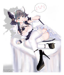 Rule 34 | 1girl, 2021, ^3^, absurdres, animal ears, aqua eyes, aqua hair, artist name, ass, azur lane, black footwear, breasts, candypowd3r, cat ears, cheshire (azur lane), cleavage, dated, detached sleeves, dress, earrings, fake animal ears, frilled dress, frills, full body, hair intakes, high heels, highres, jewelry, large breasts, multicolored hair, nail polish, panties, puffy short sleeves, puffy sleeves, purple hair, shiny footwear, shoes, short sleeves, solo, speech bubble, spoken expression, streaked hair, thighhighs, two-tone hair, underwear, white background, white dress, white panties, white thighhighs, wrist cuffs
