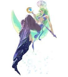 Rule 34 | 00s, 1girl, barefoot, bracelet, breasts, dress, gradient hair, green hair, halo, jewelry, large breasts, long hair, luna (tos), medium breasts, midriff, moon, multicolored hair, no bra, official art, simple background, skirt, solo, staff, tales of (series), tales of symphonia, tattoo, underboob, very long hair, white background