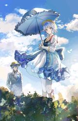 Rule 34 | 1boy, 1girl, ayaka (genshin impact), blue hair, blue sky, blunt tresses, boots, braid, brother and sister, brown footwear, brown headwear, butterfly hair ornament, cloud, collar, crown braid, dress, frilled dress, frills, genshin impact, hair ornament, hair up, hat, highres, holding, holding umbrella, kamisato ayaka, kamisato ayaka (springbloom missive), kamisato ayato, light blue hair, long sleeves, mole, mole under eye, multicolored clothes, multicolored dress, neck tassel, official alternate hairstyle, pantyhose, puffy long sleeves, puffy sleeves, siblings, sky, umbrella, white collar, white pantyhose, zaza (zazam s)