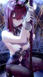 Rule 34 | 1girl, atha (leejuiping), black pantyhose, blurry, blurry background, breasts, collar, fate/grand order, fate (series), gloves, hair between eyes, highres, holding, holding pole, leotard, long hair, looking at viewer, medium breasts, navel, pantyhose, pole, purple hair, red eyes, scathach (fate), solo, squatting, strapless, strapless leotard, white gloves