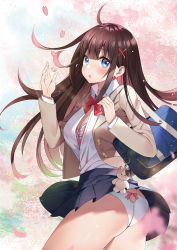 Rule 34 | 1girl, :o, ass, ayamy, bag, blazer, blue eyes, blue skirt, blush, bow, bow bra, bow panties, bowtie, bra, breasts, brown hair, brown jacket, charm (object), cherry blossoms, cleavage, clothes lift, day, eyelashes, floating hair, from behind, hair between eyes, hand up, highres, jacket, large breasts, long hair, looking at viewer, looking back, medium breasts, miniskirt, miyawaki sana, non-web source, open clothes, open jacket, open mouth, original, outdoors, panties, pantyshot, petals, pink bow, pink bra, pleated skirt, red bow, red bowtie, shoulder bag, skirt, skirt lift, solo, thighs, unbuttoned, unbuttoned shirt, underwear, white bra, white panties, wind
