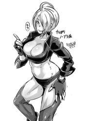 Rule 34 | 1girl, ahoge, angel (kof), breasts, butcha-u, cleavage, dated, female focus, fingerless gloves, gloves, hair over one eye, jacket, large breasts, leather, leather gloves, leather jacket, monochrome, short hair, signature, snk, solo, tagme, the king of fighters, toned