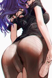 Rule 34 | 1girl, absurdres, ass, ass focus, black shirt, eye print, fishnet pantyhose, fishnets, highres, long hair, michi mochievee, multicolored hair, naokomama, out of frame, pantyhose, purple hair, shirt, simple background, solo, streaked hair, torn clothes, torn pantyhose, virtual youtuber, vshojo, white background, white hair