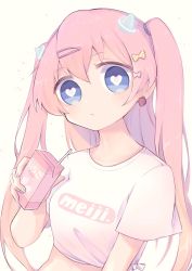Rule 34 | angelic buster, blue eyes, bottle, hair ornament, heart, heart-shaped pupils, highres, holding, horns, looking at viewer, maplestory, milk bottle, pink hair, shirt, simmm, simple background, solo, symbol-shaped pupils, two side up, white shirt