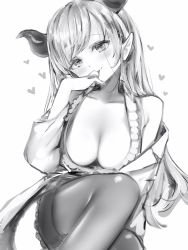 Rule 34 | 1girl, bare shoulders, blush, breasts, cleavage, greyscale, head tilt, heart, highres, hololive, horns, lab coat, large breasts, long hair, looking at viewer, miniskirt, monochrome, nanashi (nlo), pantyhose, pointy ears, sitting, skirt, smile, solo, thighhighs, virtual youtuber, yuzuki choco, yuzuki choco (1st costume)