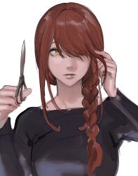 Rule 34 | 1girl, black dress, braid, chainsaw man, cutting hair, cutting own hair, dress, hair over one eye, highres, holding, holding own hair, holding scissors, imitating, kamo (kamonegioisi), looking to the side, makima (chainsaw man), medium hair, red hair, ringed eyes, scissors, side braid, simple background, solo, white background, yellow eyes