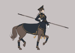 Rule 34 | 1girl, blue jacket, braid, brown hair, centaur, closed mouth, from side, genso, gloves, grey background, hat, holding, jacket, long hair, long sleeves, military, military uniform, monster girl, original, peaked cap, simple background, solo, staff, taur, uniform, walking, white gloves