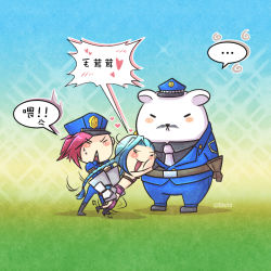 Rule 34 | 1boy, anger vein, blue hair, blush stickers, braid, chibi, chinese text, facial hair, gloves, hat, heart, jinx (league of legends), league of legends, long hair, multiple girls, mustache, officer vi, open mouth, pink hair, police, police uniform, policewoman, short hair, siblings, sisters, squiggle, stchi.wong, sweatdrop, traditional chinese text, translation request, uniform, vi (league of legends), volibear