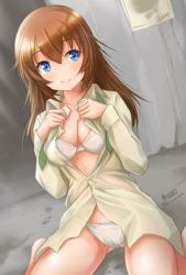 Rule 34 | 1girl, artist name, bad id, bad twitter id, blue eyes, bra, breasts, brown hair, charlotte e. yeager, cleavage, closed mouth, dress shirt, dutch angle, haruhata mutsuki, long hair, looking at viewer, medium breasts, no pants, open clothes, open shirt, panties, see-through, shirt, signature, sitting, smile, solo, strike witches, twitter username, underwear, wariza, wet, wet clothes, wet shirt, white bra, white panties, white shirt, world witches series
