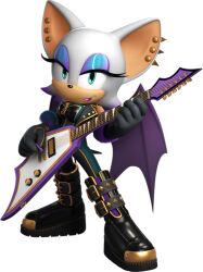 Rule 34 | 1girl, 3d, alternate costume, bat wings, boots, ear piercing, eyeshadow, female focus, full body, furry, furry female, gloves, green eyes, guitar, instrument, lipstick, looking at viewer, makeup, official alternate costume, official art, piercing, rouge the bat, solo, sonic (series), tail, white hair, wings