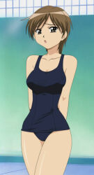 Rule 34 | 1girl, bare shoulders, breasts, brown eyes, brown hair, collarbone, dot nose, female focus, highres, indoors, koi koi 7, legs, looking at viewer, medium breasts, medium hair, one-piece swimsuit, open mouth, satou subaru, school swimsuit, standing, stitched, swimsuit, thighs, third-party edit