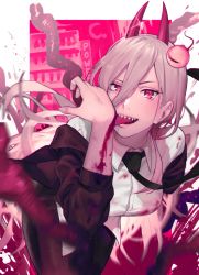 Rule 34 | 1girl, black jacket, black necktie, black pants, blonde hair, blood, blood on arm, blood on clothes, blood splatter, blurry, blurry foreground, breasts, chainsaw man, collared shirt, cross-shaped pupils, eyeball, formal, glint, hair between eyes, highres, horns, intestines, jackboo, jacket, leaning forward, long hair, looking at viewer, medium breasts, messy hair, necktie, pants, power (chainsaw man), red eyes, red horns, sharp teeth, shirt, slit pupils, smile, solo, suit, symbol-shaped pupils, teeth, tongue, tongue out, white shirt