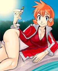 Rule 34 | 1girl, ass, blue eyes, breasts, cleavage, cocktail glass, creatures (company), cup, drinking glass, game freak, highres, jacket, large breasts, lying, misty (pokemon), nintendo, olive, on side, one-piece swimsuit, orange hair, pokemon, pokemon hgss, poolside, short hair, smile, solo, swimsuit, teevo, water