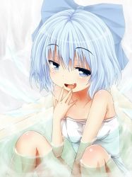 Rule 34 | 1girl, animated, animated gif, bad google+ id, bad id, bath, bathing, blue eyes, blue hair, breasts, cirno, collarbone, eyebrows, fang, hand to own mouth, ice, ice wings, looking at viewer, ma-yu, matching hair/eyes, naughty face, short hair, small breasts, smile, solo, third-party edit, tibsi lute, touhou, towel, wings