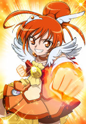 Rule 34 | 10s, 1girl, bike shorts, bike shorts under skirt, bow, clenched hand, clenched hands, cure sunny, dress, eyelashes, fire, fire, glowing, grin, head wings, hino akane (smile precure!), magical girl, orange eyes, orange hair, orange shorts, orange skirt, orange theme, ponytail, precure, punching, shijoh, shijou yukimasa, shorts, shorts under skirt, skirt, smile, smile precure!, solo, tiara, wings