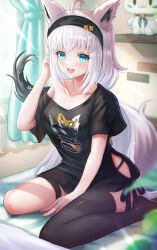 Rule 34 | 1girl, absurdres, adjusting hair, ahoge, animal ear fluff, animal ears, black hairband, black panties, black shirt, black thighhighs, blush, braid, commentary request, earrings, extra ears, fox ears, fox girl, fox tail, green eyes, hair between eyes, hairband, highres, hololive, indoors, jewelry, long hair, looking at viewer, on bed, open mouth, panties, pentagram, shirakami fubuki, shirakami fubuki (loungewear), shirt, sidelocks, single braid, single thighhigh, sitting, solo, tail, thigh strap, thighhighs, underwear, virtual youtuber, wajuniorbox, wariza, white hair