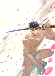 Rule 34 | 1boy, abs, artist name, bara, beard, biceps, black hair, facial hair, fundoshi, gyee, headband, highres, japanese clothes, katana, lan (gyee), looking at viewer, male focus, male underwear, manly, muscular, muscular male, navel, nipples, no pants, over shoulder, petals, sky (sora no gomibako), smile, solo, spiked hair, squatting, sword, thick arms, thick eyebrows, thick thighs, thighs, topless male, underwear, weapon, weapon over shoulder, yellow eyes