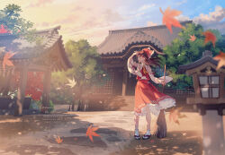 Rule 34 | 1girl, architecture, autumn leaves, bow, box, broom, brown hair, closed mouth, courtyard, detached sleeves, donation box, east asian architecture, evening, falling leaves, frilled bow, frilled skirt, frills, full body, hair bow, hair tubes, hakurei reimu, highres, holding, holding broom, leaf, long sleeves, medium hair, necktie, nontraditional miko, profile, red bow, red skirt, red vest, sandals, scenery, short necktie, shrine, skirt, smile, solo, standing, stone lantern, sua lucid, tabi, touhou, tree, vest, wide sleeves, yellow necktie