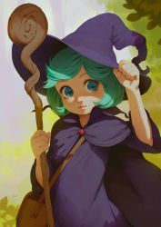 Rule 34 | 1girl, adjusting clothes, adjusting headwear, alkemanubis, berserk, blue eyes, commentary, commission, english commentary, green hair, hat, highres, schierke (berserk), short hair, solo, staff, witch, witch hat
