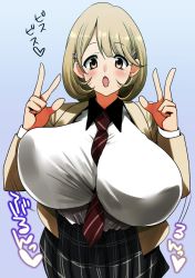Rule 34 | 10s, 1girl, between breasts, blonde hair, blush, bouncing breasts, breasts, brown eyes, brown hair, double v, female focus, gradient background, hair ornament, hairclip, huge breasts, jacket, looking at viewer, matching hair/eyes, narusawa ryouka, necktie, necktie between breasts, occultic;nine, open mouth, perepere-kun, school uniform, shirt, short hair, simple background, skirt, solo, standing, unaligned breasts, uniform, upper body, v, white shirt