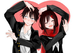 Rule 34 | 1boy, 1girl, ^ ^, arm up, black hair, black jacket, black serafuku, blush, brown hair, buttoned cuffs, buttons, closed eyes, closed mouth, collared jacket, collared shirt, commentary, enpera, facing viewer, frown, gakuran, hair between eyes, hair ornament, hairclip, hand on own arm, heart, heart arms, heart arms duo, hetero, jacket, kagerou project, kisaragi shintarou, long sleeves, looking away, looking to the side, mekakucity actors, muminn55555, neckerchief, open collar, open mouth, pink background, scarf, school uniform, serafuku, shirt, short hair, smile, sweat, symbol-only commentary, tateyama ayano, two-tone background, unbuttoned, upper body, white background, white neckerchief, white shirt