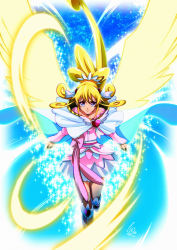 Rule 34 | 1girl, 2019, absurdly long hair, aida mana, blonde hair, blue eyes, bow, brooch, closed mouth, collarbone, cure heart, cure heart (parthenon mode), dated, dokidoki! precure, energy wings, hair between eyes, heart, heart brooch, jewelry, long hair, long sleeves, looking at viewer, magical girl, miniskirt, pink bow, pink shirt, pleated skirt, precure, shirt, signature, skirt, smile, solo, tomo5656ky, very long hair, white skirt, wing brooch, yellow wings