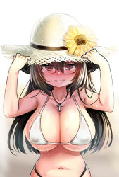 Rule 34 | 1girl, bikini, blush, breasts, brown eyes, brown hair, cleavage, covered erect nipples, flower, glasses, gradient background, hat, hat flower, highres, holding, holding clothes, holding hat, jewelry, large breasts, long hair, looking at viewer, multicolored bikini, multicolored clothes, navel, necklace, original, parted lips, simple background, solo, sun hat, sunflower, sweat, swimsuit, unname