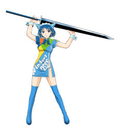 Rule 34 | 1girl, 2k-tan, blue eyes, blue hair, blue thighhighs, breasts, china dress, chinese clothes, dress, earrings, jewelry, matching hair/eyes, os-tan, shoes, side slit, simple background, solo, sword, thighhighs, weapon, white background, zettai ryouiki