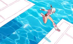 Rule 34 | 1girl, commentary, english commentary, gurihiru, gwenpool, gwenpool, jumping, leotard, marvel, mask, pages, pink footwear, pool, shin guards, shoes, smile, sneakers, superhero costume, water