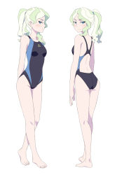 Rule 34 | 1girl, ass, blonde hair, blue eyes, blush, breasts, closed mouth, competition swimsuit, diana cavendish, feet, from behind, full body, highres, little witch academia, looking at viewer, looking back, looking to the side, multicolored clothes, multicolored swimsuit, multiple views, one-piece swimsuit, ponytail, satochi, shoulder blades, simple background, small breasts, standing, swimsuit, white background