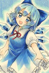 Rule 34 | blue bow, blue dress, blue eyes, blue hair, bow, breasts, cirno, collared shirt, commentary request, dress, frilled dress, frilled shirt collar, frills, hair bow, highres, ice, ice wings, looking at viewer, maa (forsythia1729), marker (medium), multicolored hair, open mouth, pinafore dress, puffy short sleeves, puffy sleeves, red ribbon, ribbon, shirt, short hair, short sleeves, sleeveless dress, small breasts, touhou, traditional media, v-shaped eyebrows, white shirt, wings