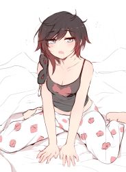 Rule 34 | 1girl, bare shoulders, bed, bed sheet, black hair, blush, breasts, cleavage, drooling, feet, floral print, full body, gradient hair, half-closed eyes, looking at viewer, medium breasts, messy hair, multicolored hair, navel, ndgd, on bed, open mouth, pajamas, red hair, ruby rose, rwby, saliva, seiza, short hair, grey eyes, simple background, sitting, sleep mask, solo, tank top, white background