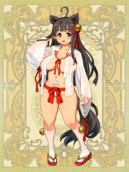 Rule 34 | 1girl, :o, ahoge, animal ears, bell, black eyes, black hair, breasts, full body, hair ornament, japanese clothes, jingle bell, large breasts, long hair, long sleeves, miko, navel, official art, pigeon-toed, psychic hearts, ribbon-trimmed sleeves, ribbon trim, ryoji (nomura ryouji), sandals, solo, tail, tomoe izayoi, white legwear, wide sleeves