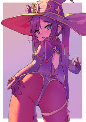 Rule 34 | 1girl, absurdres, ass grab, ayuuuuuu, blue eyes, from behind, genshin impact, gloves, hat, highres, leotard, looking at viewer, looking back, mona (genshin impact), pantyhose, purple hair, solo, thighlet, twintails, witch hat