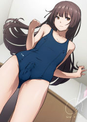 Rule 34 | 1boy, 4690 (tkpbsk), blunt bangs, brown eyes, brown hair, bulge, closed mouth, covered erect nipples, covered penis, covered testicles, erection, erection under clothes, highres, hime cut, indoors, long hair, looking to the side, male focus, original, school swimsuit, sidelocks, solo, standing, swimsuit, trap