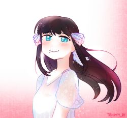 Rule 34 | 1girl, artist name, artist request, black hair, blue eyes, blunt bangs, bow, breasts, collarbone, dress, earrings, feather earrings, feathers, female focus, floating hair, green eyes, hair bow, highres, jewelry, kurosawa dia, long hair, looking at viewer, love live!, love live! school idol festival, love live! sunshine!!, mole, mole under mouth, plaid, plaid dress, pleated, pleated dress, see-through, see-through sleeves, small breasts, solo, the story of feather (love live!), upper body, white bow, white dress
