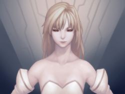 Rule 34 | 00s, 1girl, archetype earth, arcueid brunestud, bare shoulders, black sclera, blonde hair, brown eyes, collarbone, colored sclera, detached sleeves, elbow gloves, female focus, gloves, gradient background, light smile, lips, long hair, nfb-zmc, slit pupils, solo, tsukihime, upper body, yellow eyes