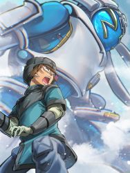 Rule 34 | 1boy, blue jacket, brown eyes, brown hair, chanmura, gainer sanga, glasses, gloves, green gloves, headset, highres, jacket, king gainer, looking to the side, male focus, mecha, open mouth, overman king gainer, robot, science fiction, snow
