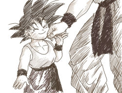 Rule 34 | 2boys, black hair, child, closed eyes, dougi, dragon ball, dragonball z, father and son, greyscale, happy, male focus, monochrome, multiple boys, out of frame, shirt, simple background, smile, son goku, son goten, spiked hair, white background, white shirt, wristband