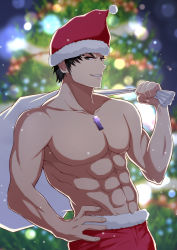 Rule 34 | 1boy, :d, abs, black eyes, black hair, blurry, blurry background, bobblehat, carrying over shoulder, chest jewel, christmas tree, collarbone, cowboy shot, depth of field, fur-trimmed headwear, fur-trimmed pants, fur trim, grin, hand on own hip, hat, highres, looking at viewer, male focus, malos (xenoblade), mebi il, no nipples, open mouth, pants, red hat, red pants, sack, santa hat, short hair, smile, solo, spoilers, teeth, topless male, upper body, v-shaped eyebrows, xenoblade chronicles (series), xenoblade chronicles 2