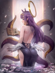 Rule 34 | 1girl, ass, back, back focus, backless dress, backless outfit, book, dress, from behind, gradient hair, halo, highres, hololive, hololive english, jammeryx, looking back, low wings, multicolored hair, ninomae ina&#039;nis, ninomae ina&#039;nis (1st costume), orange hair, pointy ears, purple hair, signature, solo, tentacle hair, tentacles, virtual youtuber, wading, watermark, web address, wings
