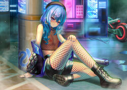 Rule 34 | 1girl, absurdres, alternate costume, arm support, beret, black footwear, black hat, black jacket, black nails, black shirt, black shorts, blue eyes, blue hair, blue jacket, blush, boots, breasts, breath, crossed bangs, cyberpunk (series), earrings, fishnet pantyhose, fishnet top, fishnets, full body, hair between eyes, hand on own knee, hat, head tilt, highres, hololive, hoshimachi suisei, jacket, jagoo, jewelry, knee up, large areolae, legs, long hair, looking at viewer, motor vehicle, motorcycle, multicolored clothes, multicolored jacket, nail polish, neon lights, nipples, no bra, off shoulder, on ground, outdoors, pantyhose, pantyhose under shorts, puffy nipples, ring, see-through, see-through shirt, shadow, shirt, shorts, sitting, sleeveless, sleeveless shirt, small breasts, solo, thighs, two-tone jacket, variant set, vending machine, virtual youtuber