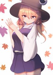 Rule 34 | 1girl, bad hands, blonde hair, brown hat, closed mouth, commentary request, cowboy shot, darumoon, hat, highres, long hair, looking at viewer, moriya suwako, own hands together, smile, solo, standing, thighhighs, touhou, white thighhighs, yellow eyes