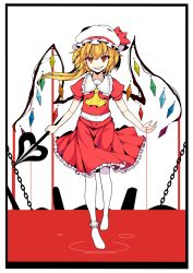 Rule 34 | 1girl, akiposo2580, ascot, bad id, bad pixiv id, blonde hair, flandre scarlet, grin, highres, holding, laevatein, looking at viewer, no shoes, orange eyes, slit pupils, smile, solo, touhou, wings