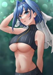 Rule 34 | 1girl, absurdres, arm behind head, bare arms, bare shoulders, blue eyes, blue hair, breasts, chain, commentary, crop top, from below, hair between eyes, hair intakes, hairband, hand up, highres, holocouncil, hololive, hololive english, large breasts, lds (dstwins97), looking at viewer, midriff, navel, open mouth, ouro kronii, revision, short hair, solo, sweat, swept bangs, underboob, upper body, veil, virtual youtuber, wet, wet hair