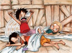 Rule 34 | 3boys, barefoot, bed sheet, black hair, blonde hair, brothers, chuu (tyuunyuu), east blue, freckles, male focus, monkey d. luffy, multiple boys, one piece, portgas d. ace, sabo (one piece), siblings, sitting, sleeping, smile, tree house, aged down