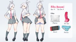 Rule 34 | 1girl, black footwear, cleft of venus, closed mouth, clothes lift, collared shirt, commentary, dildo, english commentary, english text, grey background, grey eyes, highres, kneehighs, lifting own clothes, long hair, multiple views, necktie, nintendo switch, original, panties, panty pull, pillow, pleated skirt, ponytail, pussy, school uniform, sex toy, shirt, silver hair, skirt, skirt lift, sleeves rolled up, socks, standing, tenguro, underwear, white shirt